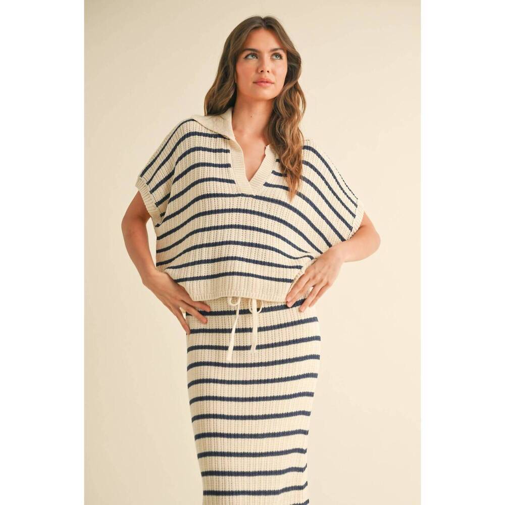 NEW MIOU MUSE collared short sleeve top in navy stripe